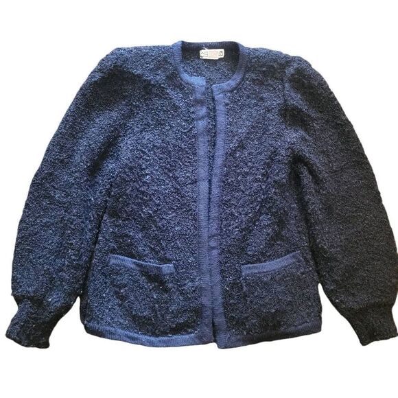 Vintage 80s Cardigan Sweater Women's Small Black Boucle Balloon Sleeve - Picture 1 of 4